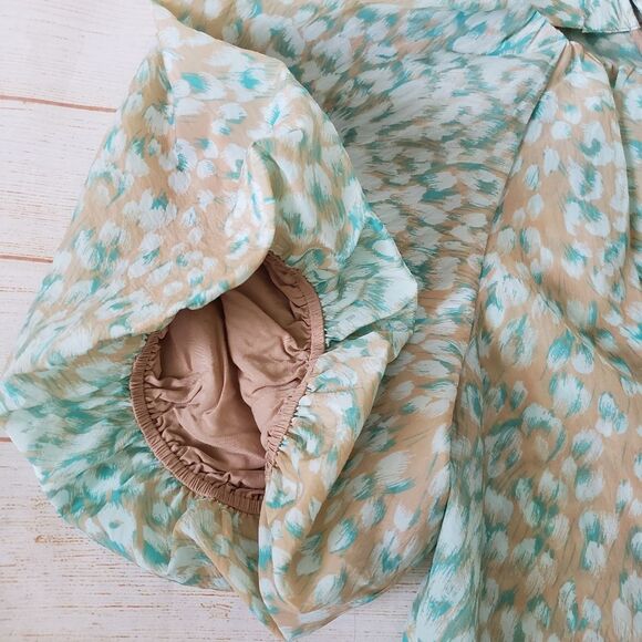 Tanya Taylor Jordan Top Blouse Short Sleeve Green Tan Women's Size Large - Picture 13 of 15